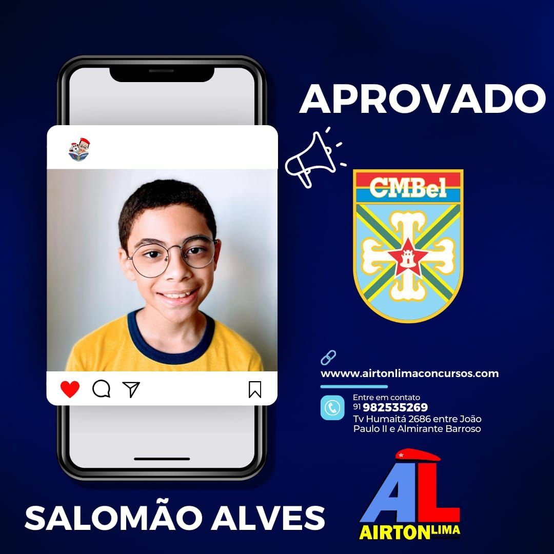 Jovem sorri, aprovado para o CMBel, na tela do celular. Fundo azul, logotipo e texto 
