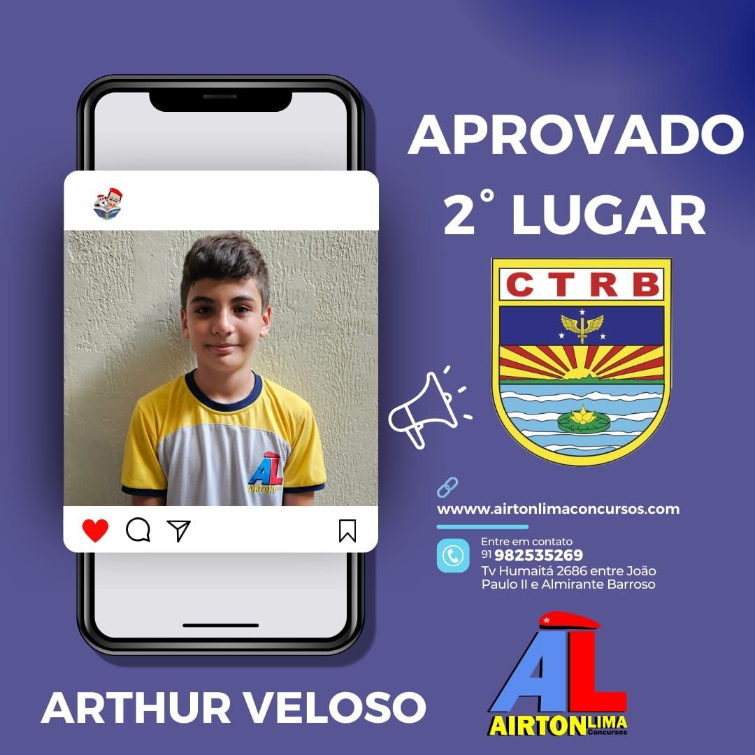 Menino uniformizado na tela do celular, aprovado, 2º lugar. Logotipo da CTRB e marca Airton Online.
