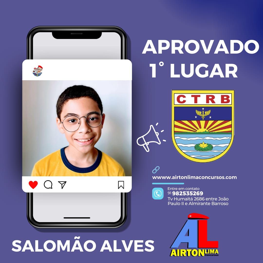 Menino de óculos sorri, publicação no Instagram. Aprovado em 1º lugar pelo CTBR. Fundo roxo. Logotipo da Airtonline.