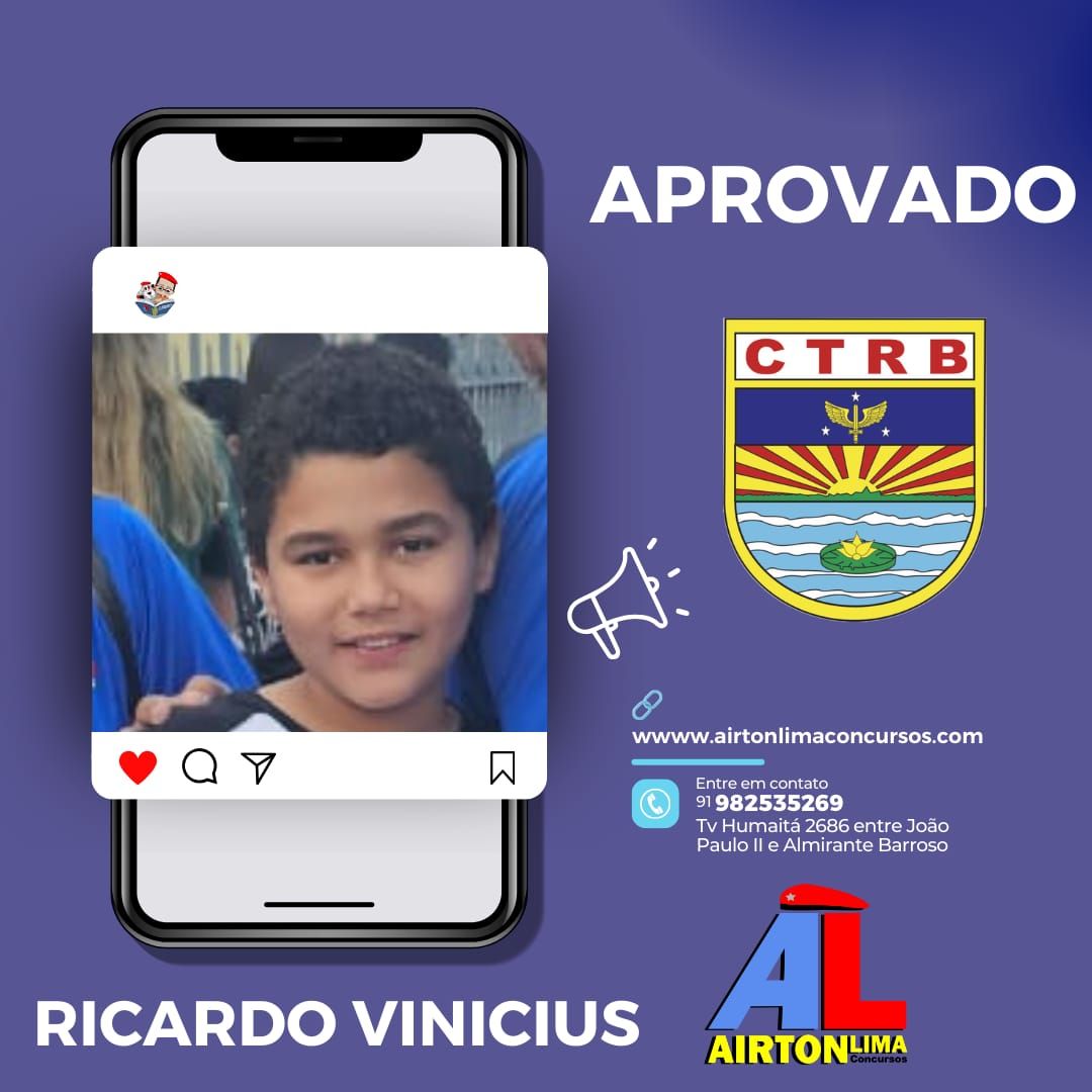Smartphone mostrando postagem no Instagram: Ricardo Vinicius aprovado para CTBR, com logotipo e endereço do site.