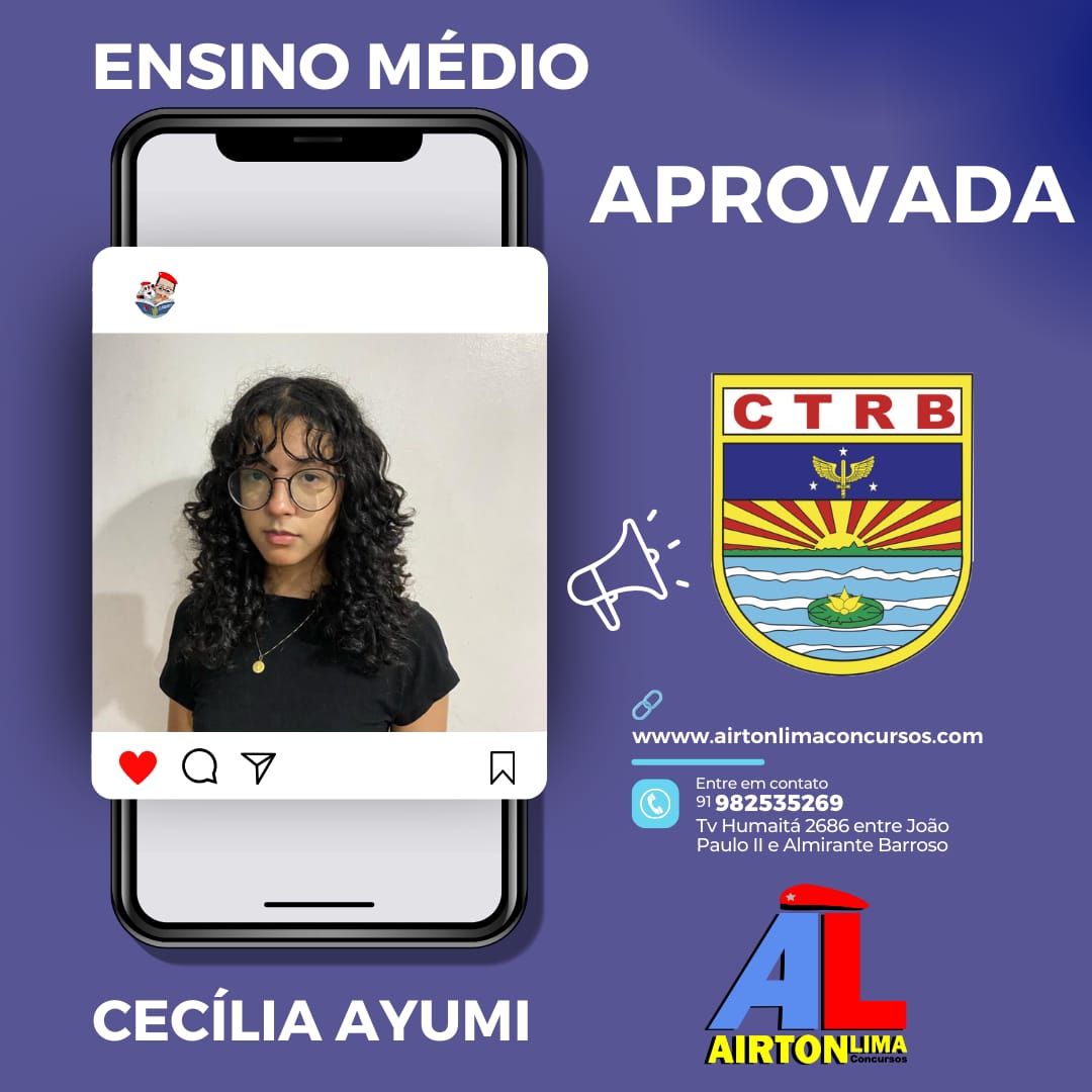 Cecília Ayumi, aprovada no CTBR, em tela de celular. Fundo azul, logotipo e uma chamada para ação em um site.