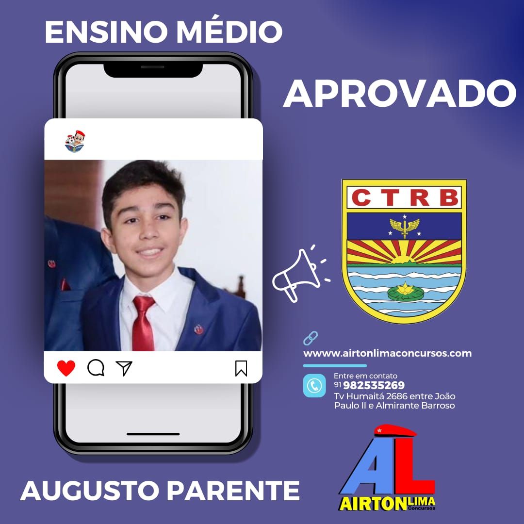 Um garoto de terno sorri, aprovado no ensino médio, com o logotipo da escola e o logotipo da Airtom Concursos.