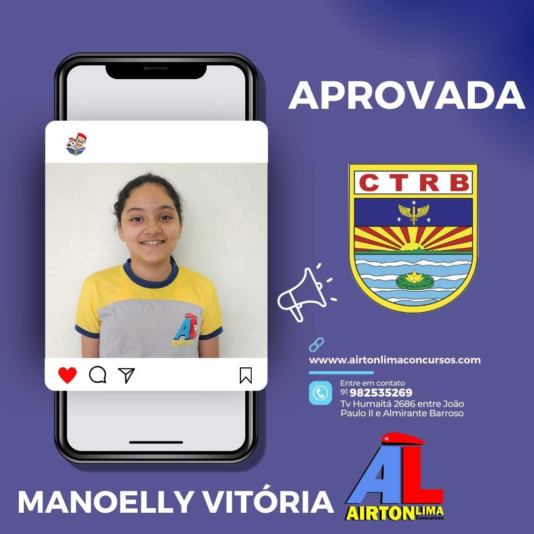 Jovem aprovada para o CTRB, em uma moldura de rede social, sorrindo. Azul e amarelo. Logotipos e detalhes do site.