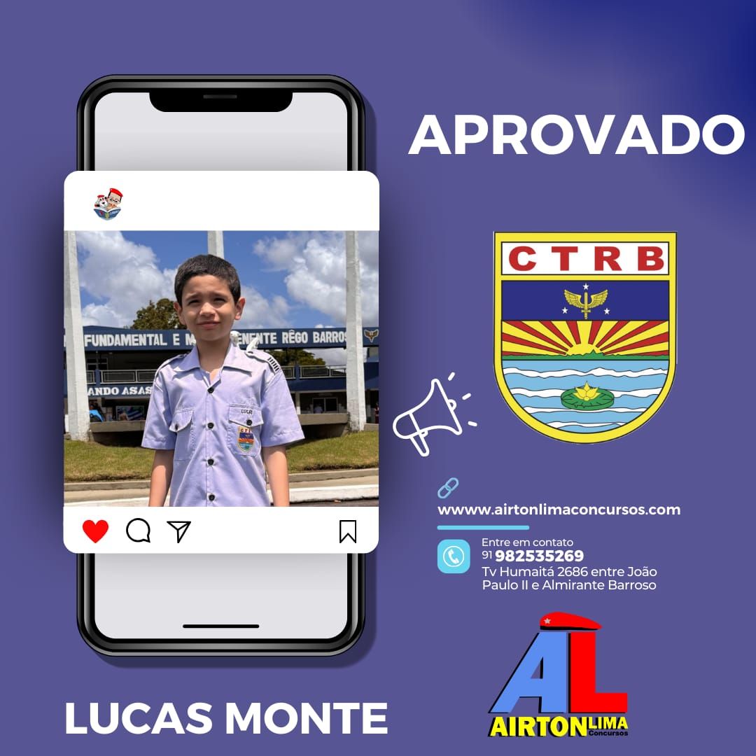 O garoto Lucas Monte foi aprovado no CTRB. Em um celular, ele veste uniforme, cercado por um desenho azul e branco.