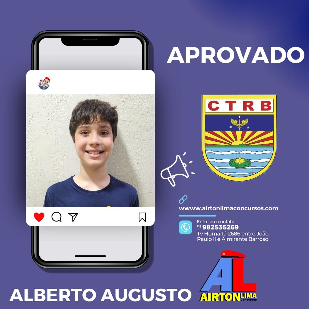 Jovem, Alberto Augusto, aprovado no CTRB com logotipo, na tela do celular.