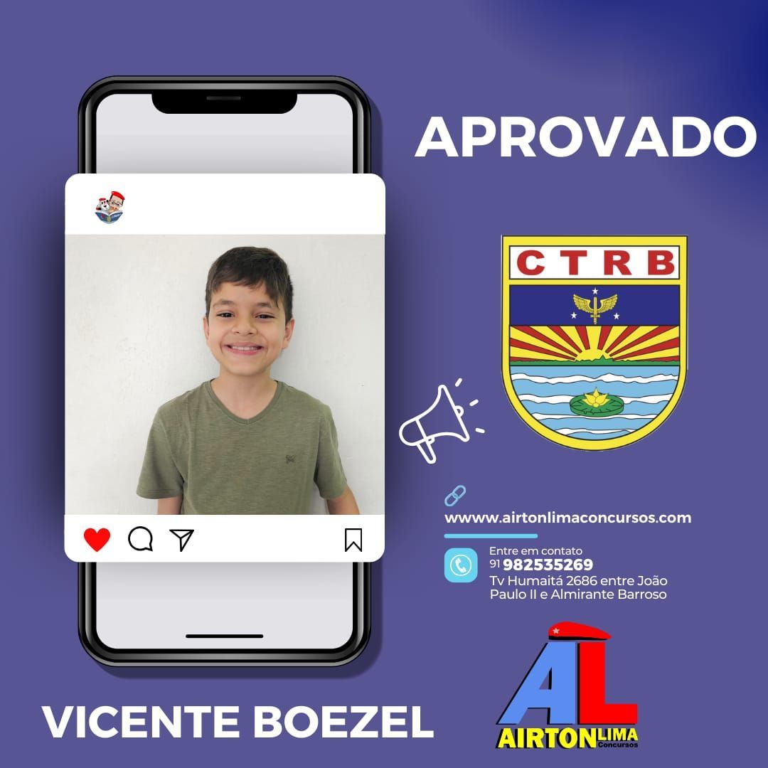 Menino sorrindo, aprovado no CTRB. Texto: Vicente Boezel. Fundo roxo com site e logotipo do exame.