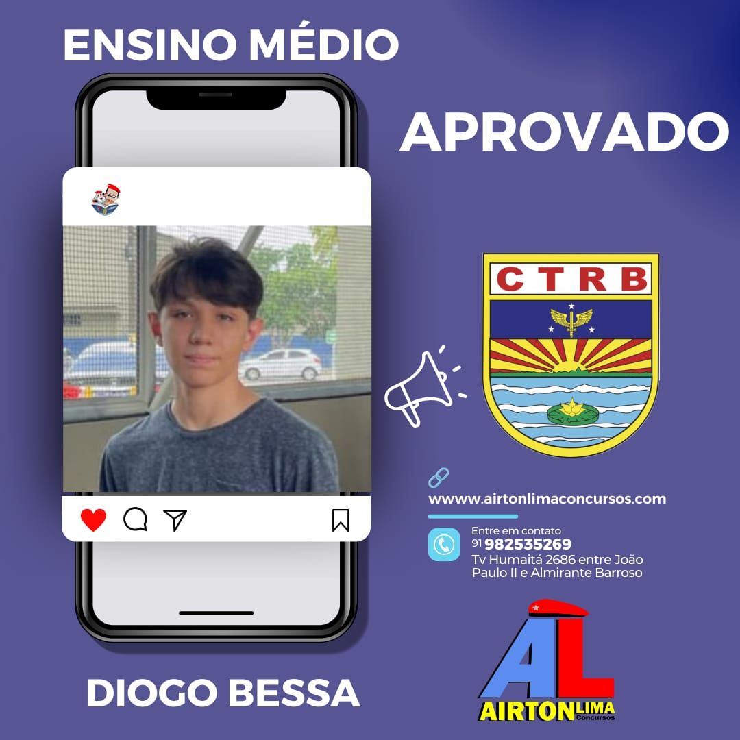 Diogo Bessa aprovado para o ensino médio, anunciado por telefone com logotipo da escola e informações de contato.