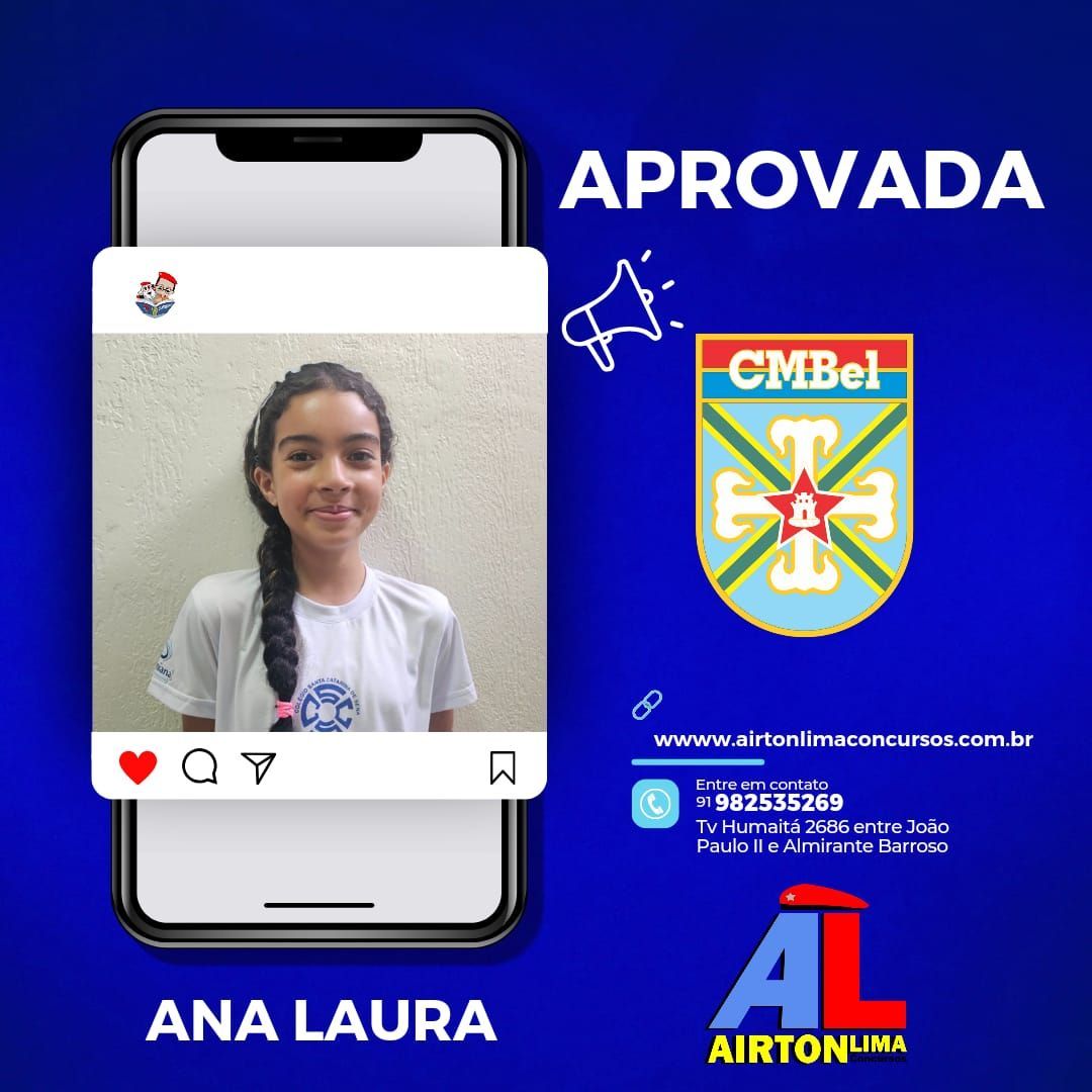 Ana Laura aprovou, sorrindo, ao lado de um celular com uma postagem do Instagram, emblema da CMBel, fundo azul.