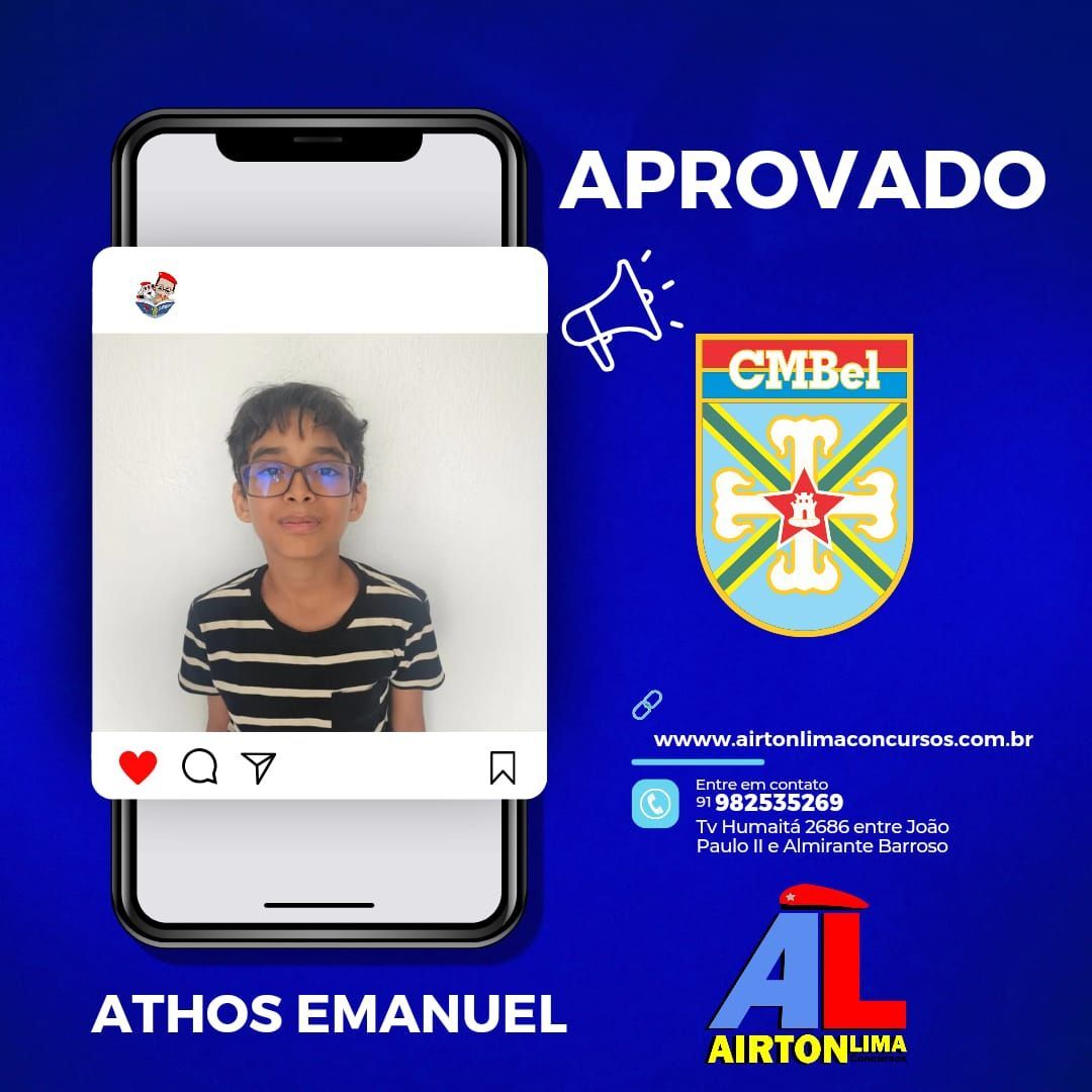O menino Athos Emanuel sorri, aprovado no CMBel. Smartphone mostra postagem com logotipo da escola militar. Fundo azul.