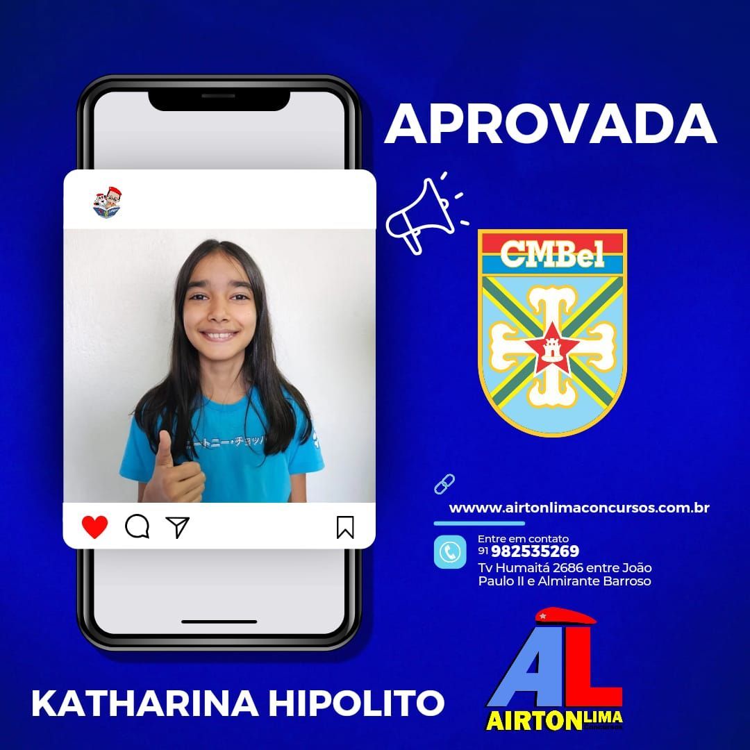 Katharina Hipolito aprovada para o CMBel, dando sinal de positivo. O celular mostra a foto dela em um fundo azul.