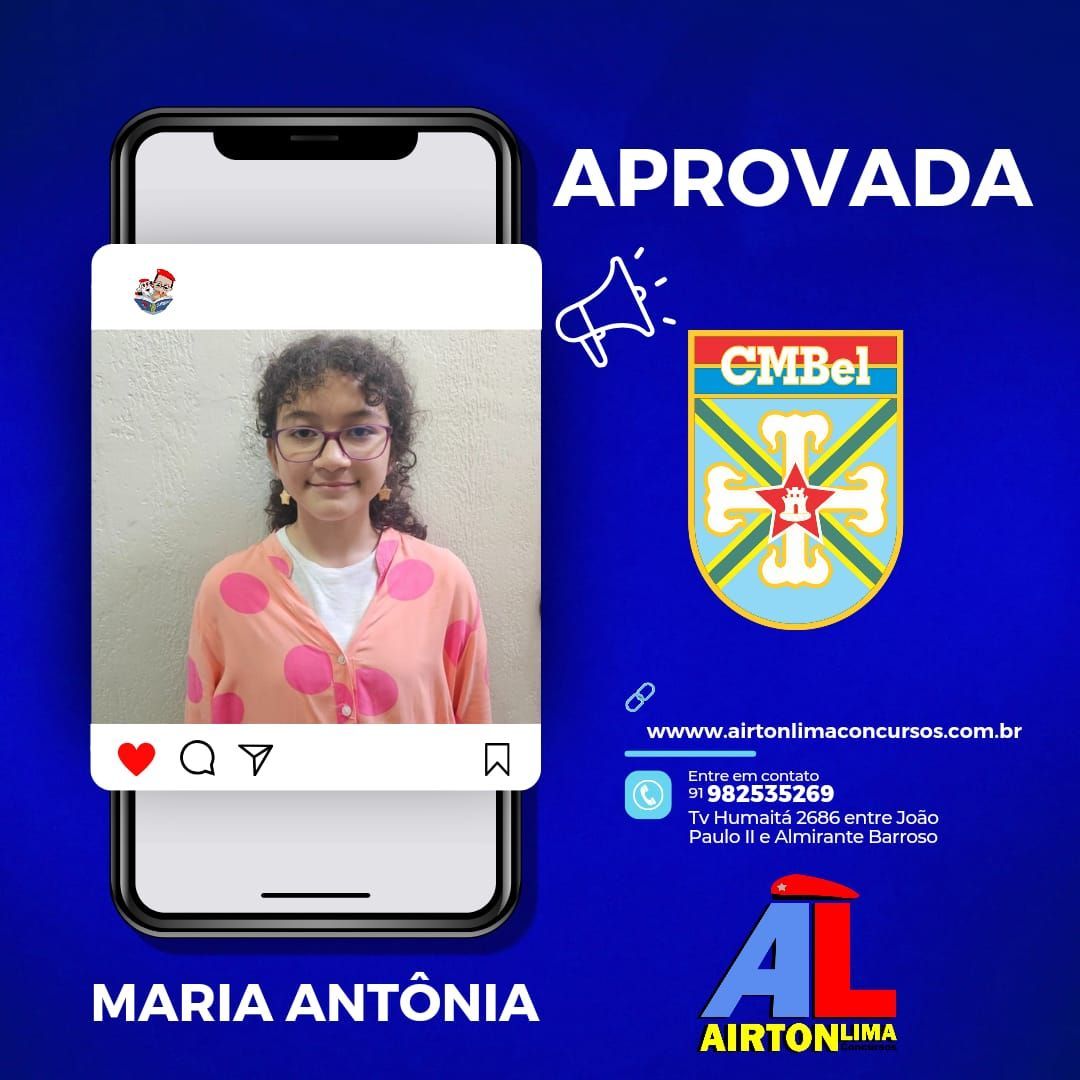 Maria Antônia aprovada, em poste telefônico, ao lado do logotipo da CMBel. Fundo azul.