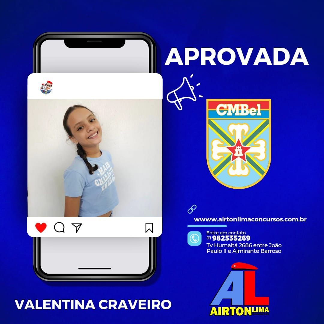 Menina aprovada na escola CMBel, publicação em rede social. Ela está sorrindo, fundo azul, texto.