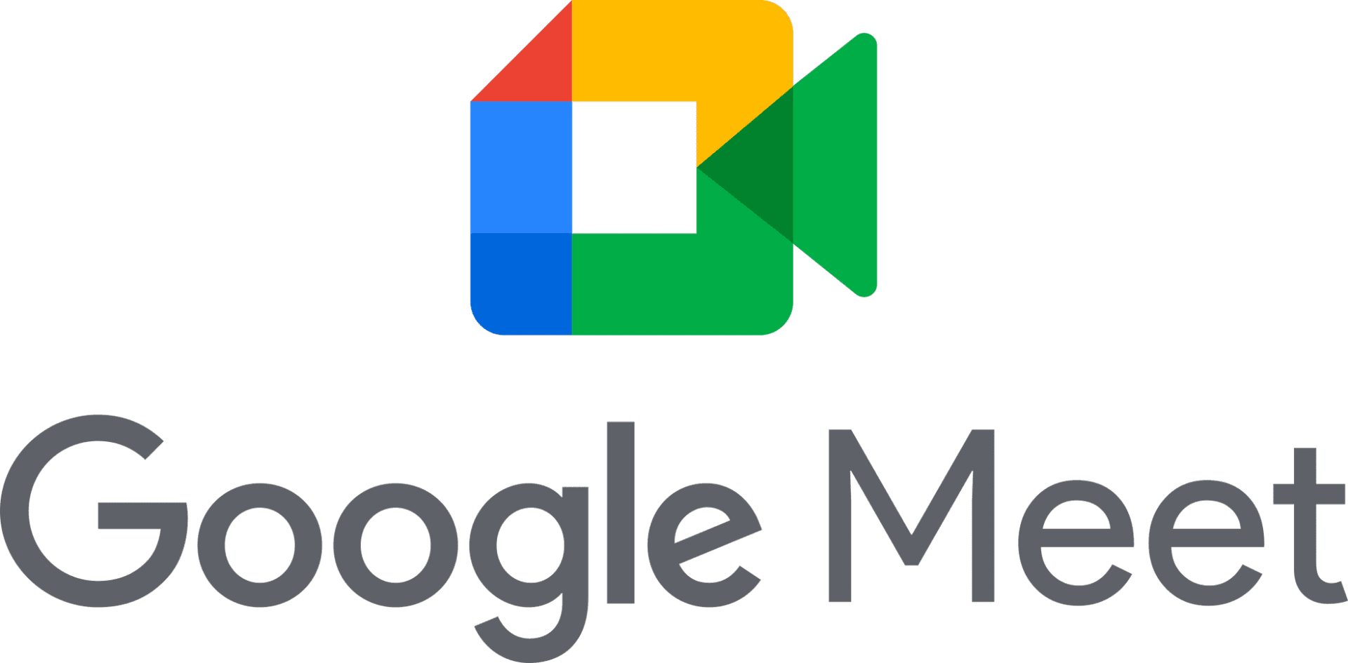 Logotipo do Google Meet: um ícone de câmera multicolorido acima de texto cinza.