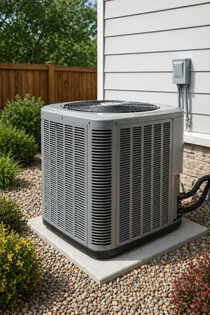 New central air conditioning unit installed outside Pflugerville TX home on a clean concrete pad