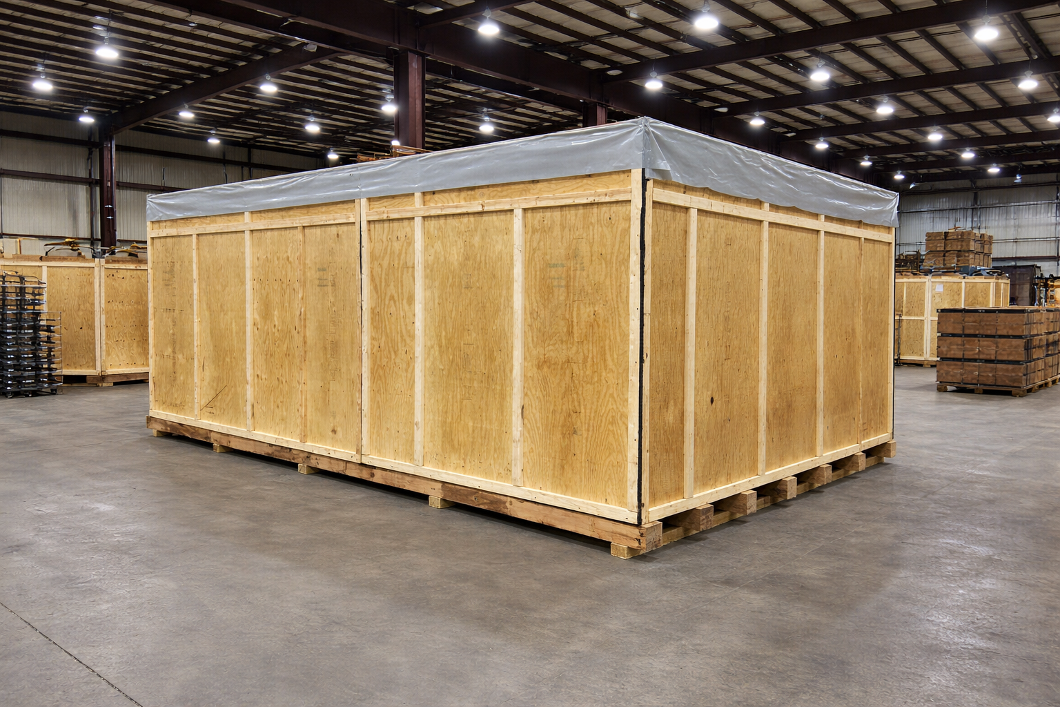 Large wooden crate on a pallet in a warehouse. Gray tarp covers the top of the crate.