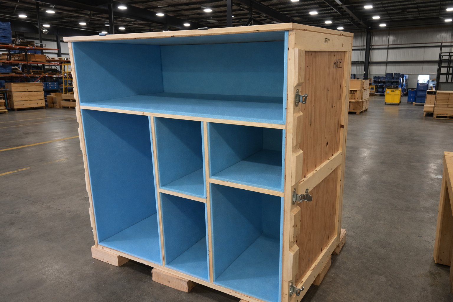 Wooden crate with blue interior and shelves, sitting on a pallet in a warehouse.