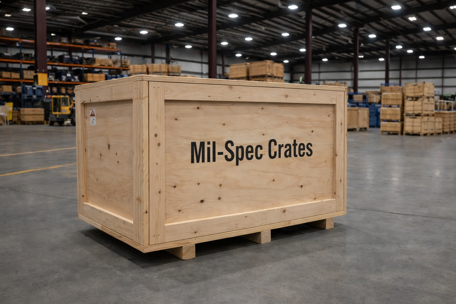 Wooden crate on a pallet, labeled 