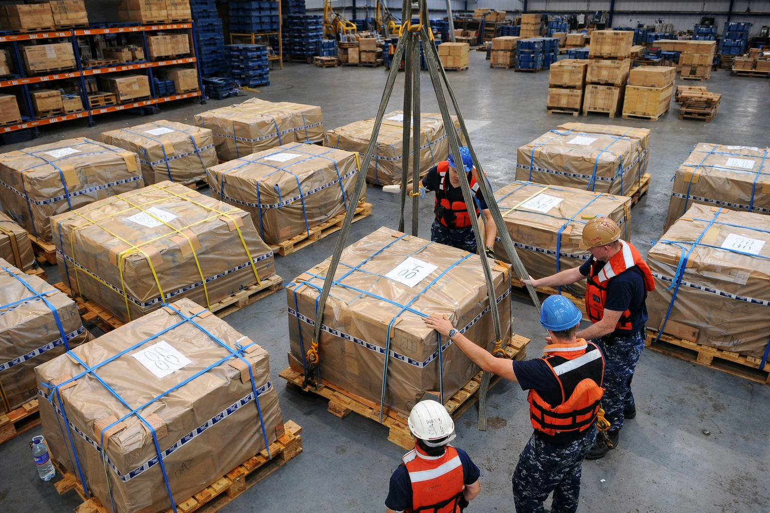 Warehouse workers moving a large crate with rigging, surrounded by other packed crates.