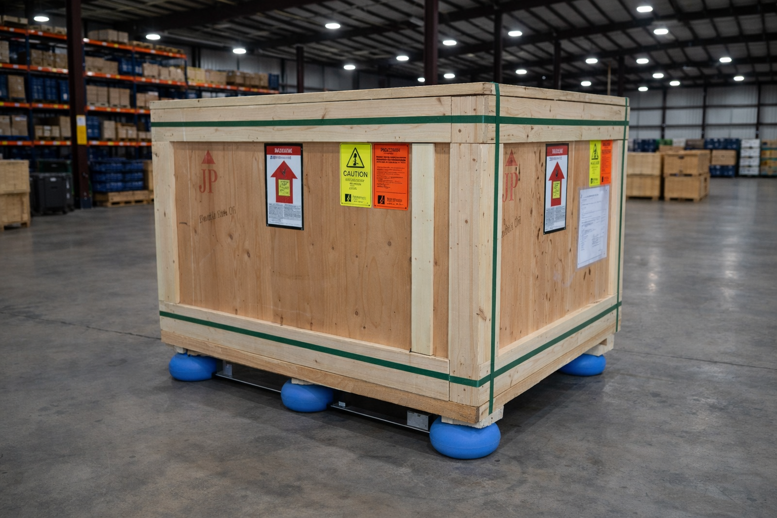 Wooden crate secured with green straps and hazard labels, sitting on blue supports in a warehouse.
