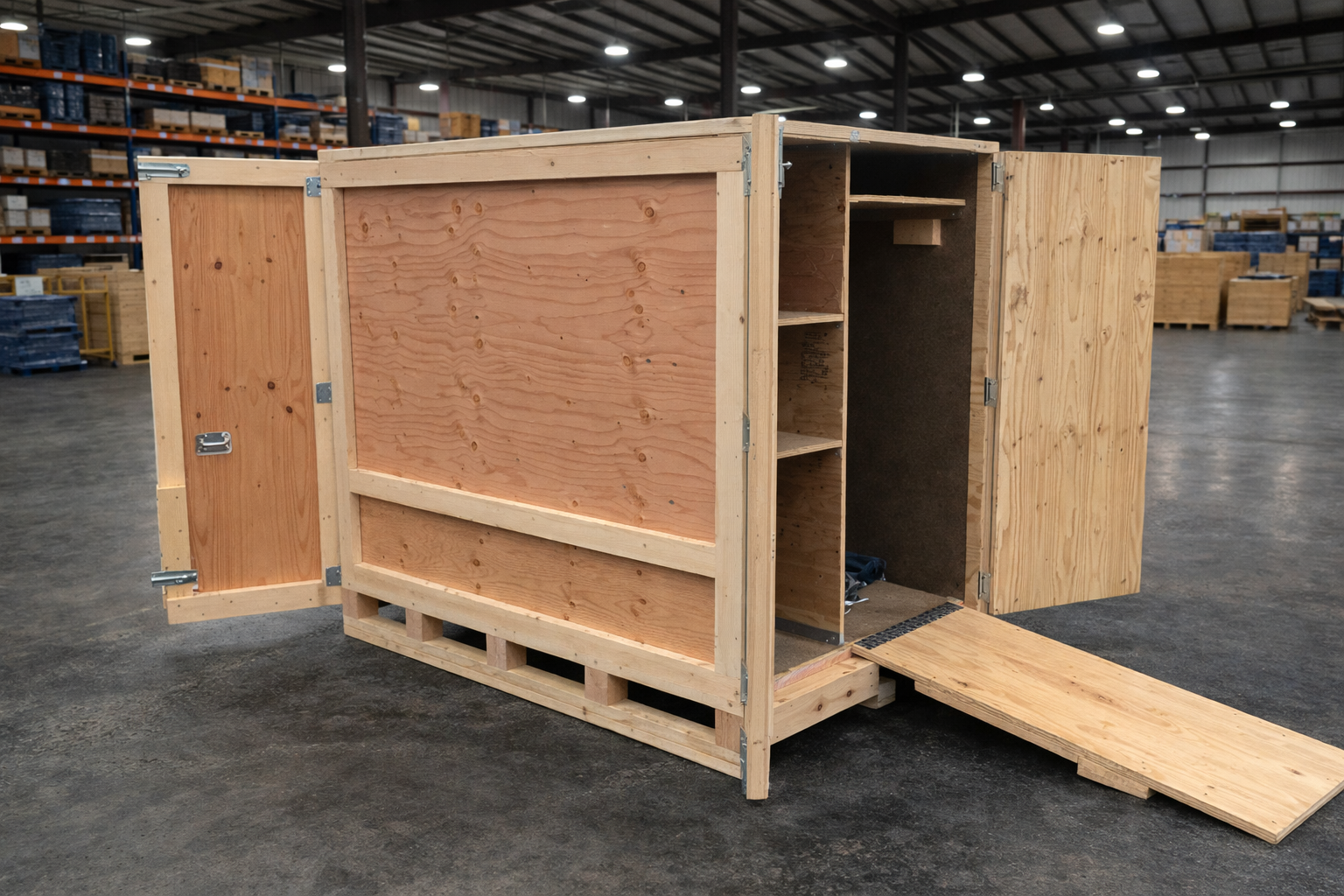 Wooden shipping crate with open doors and a ramp. Inside, shelving and a hanger rod are visible.