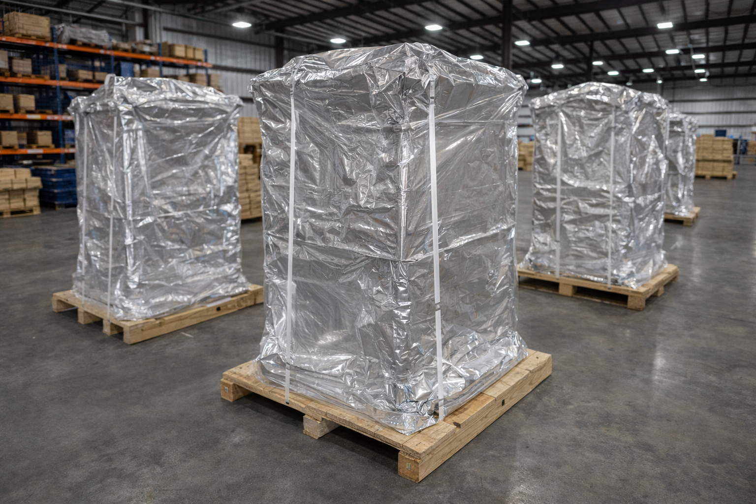 Large, silver-wrapped objects on wooden pallets in a warehouse.