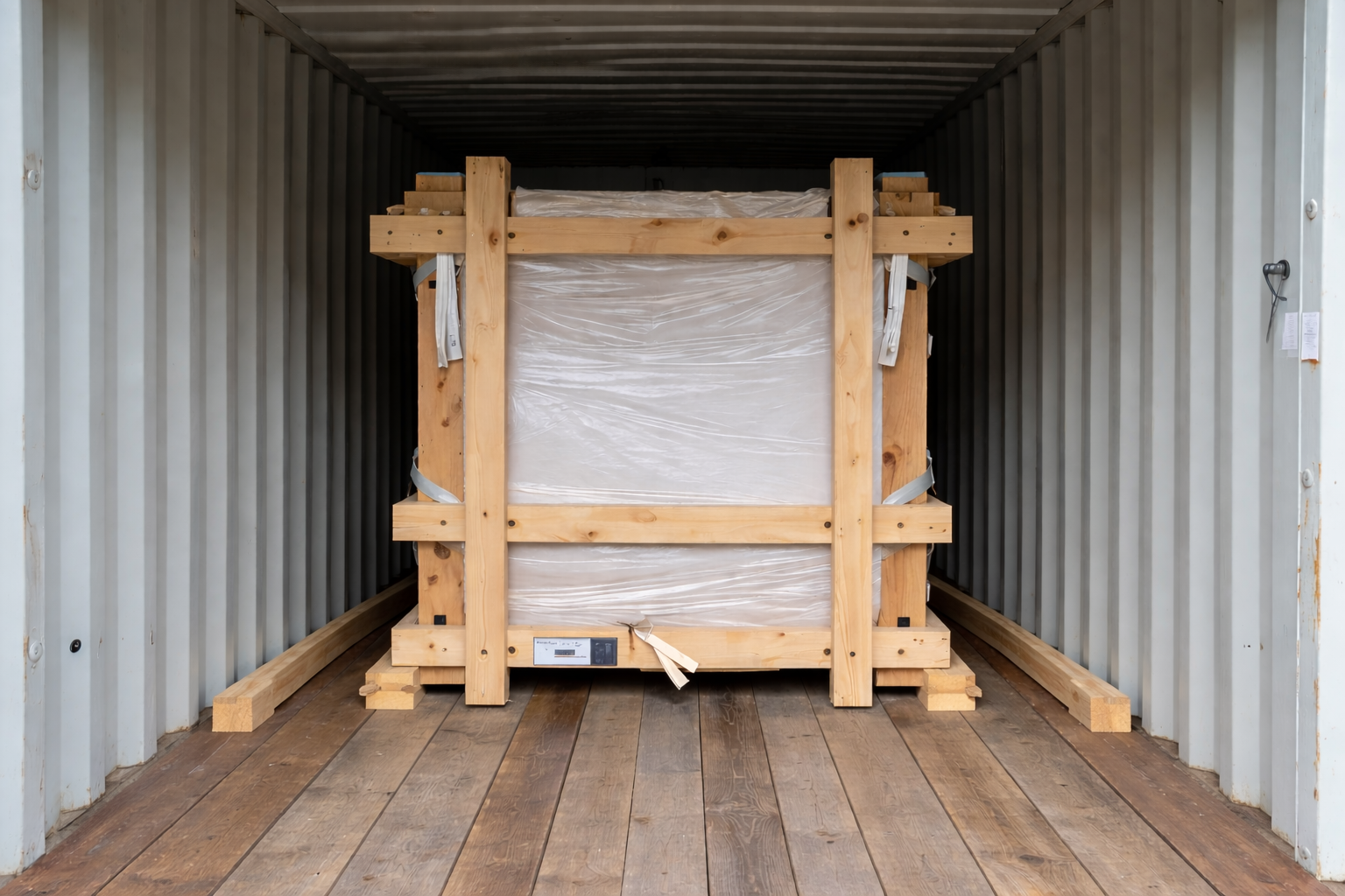 Wooden shipping crate. Light wood construction with open sides, in a warehouse setting.