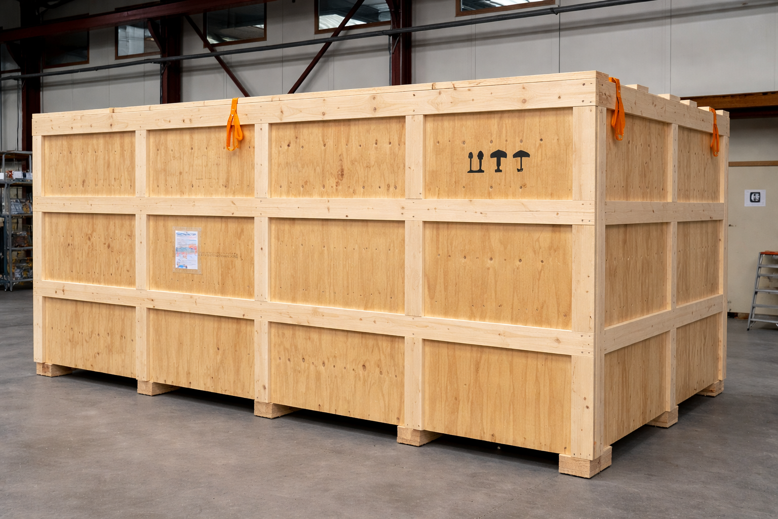 Large wooden shipping crate, possibly for machinery, in a warehouse setting, with lifting straps.