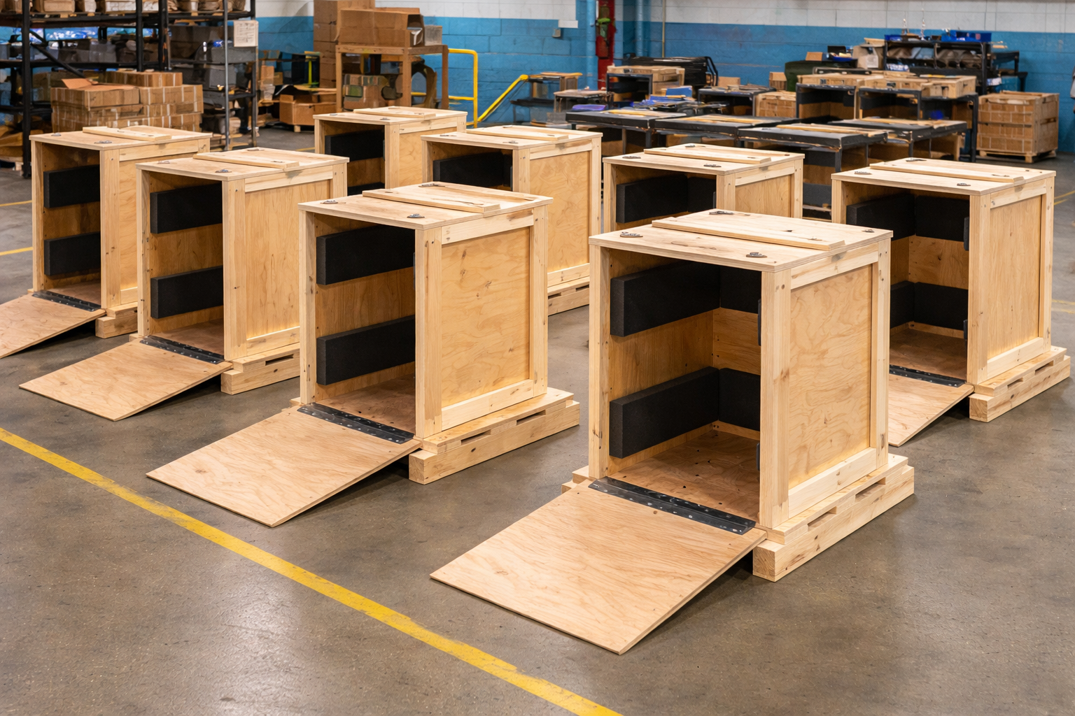 Wooden crates with ramps inside a warehouse.