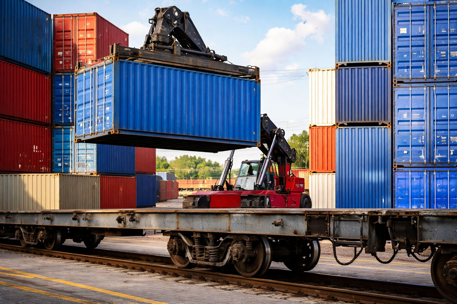 A forklift loading a blue shipping container onto a train car, surrounded by stacked containers.
