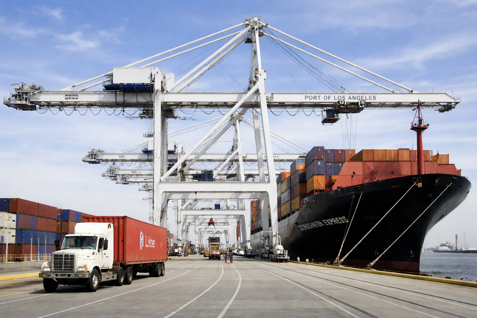 A large cargo ship docked at a port with cranes loading containers onto trucks. Blue sky.