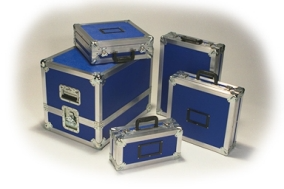 Five blue and silver transport cases of varying sizes.