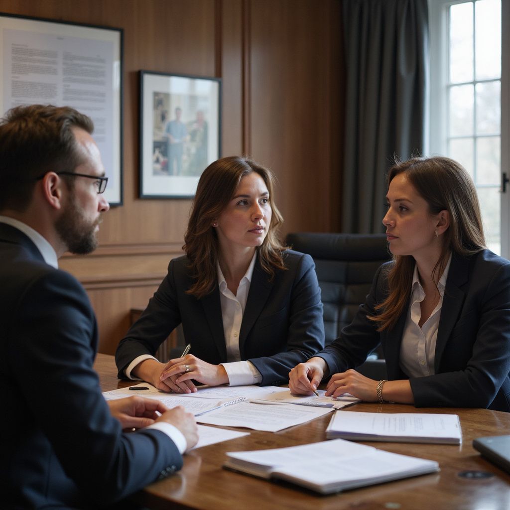 Three people in suits at a table reviewing documents, discussing, in an office setting.