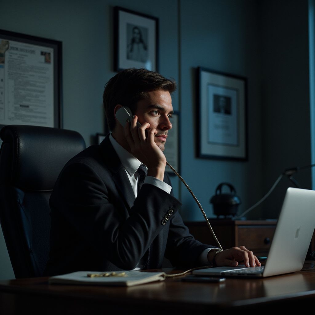 Man in suit on phone, typing on laptop in office. Dark setting with framed photos.