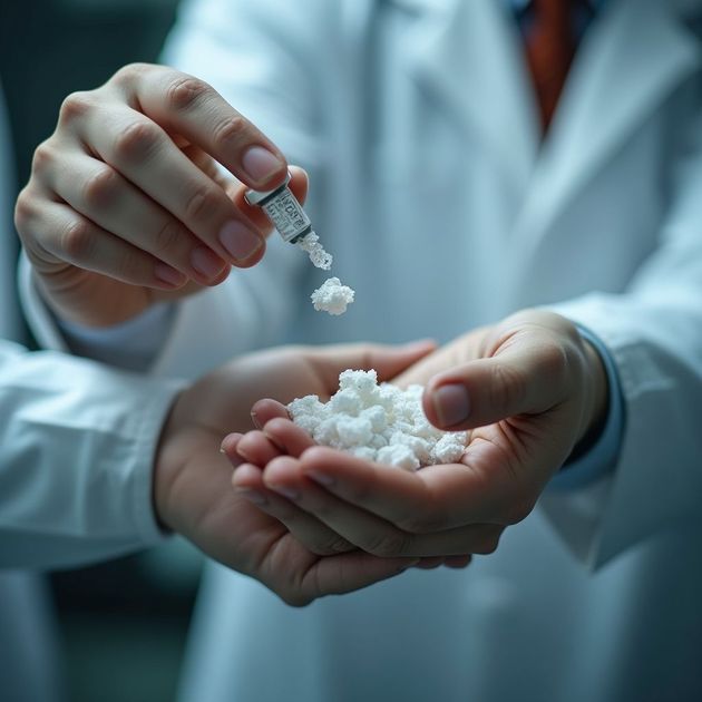 Person in lab coat dispensing white powder from vial into their hand.