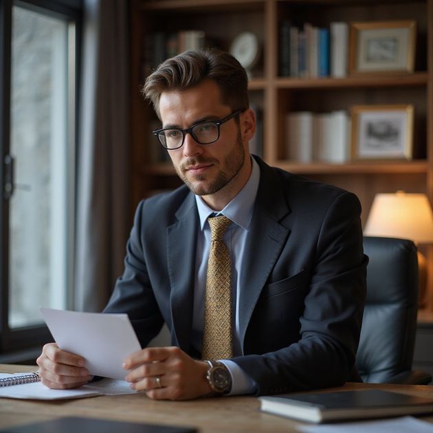 Man in suit reading a document at a desk in a well-lit office.