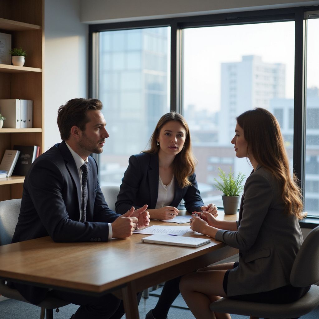Three professionals in business attire at a table in an office. They are looking at documents and talking.