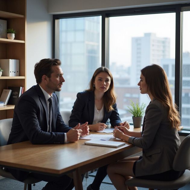 Three professionals in business attire at a table in an office. They are looking at documents and talking.