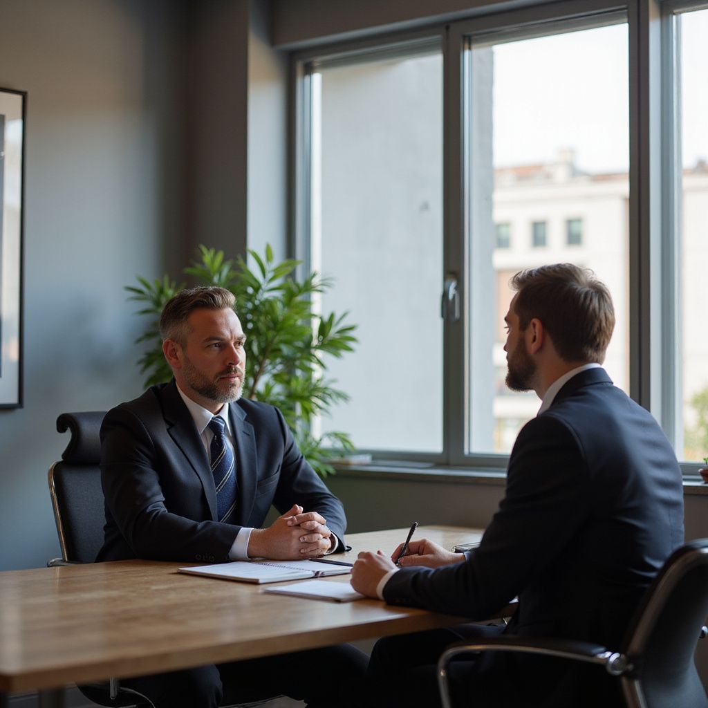 Two men in suits at a table in an office, one looking on, the other writing.