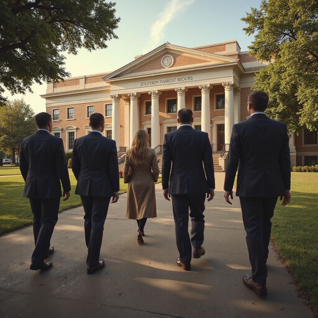 Group of people walking towards a building with columns. Sunny day.