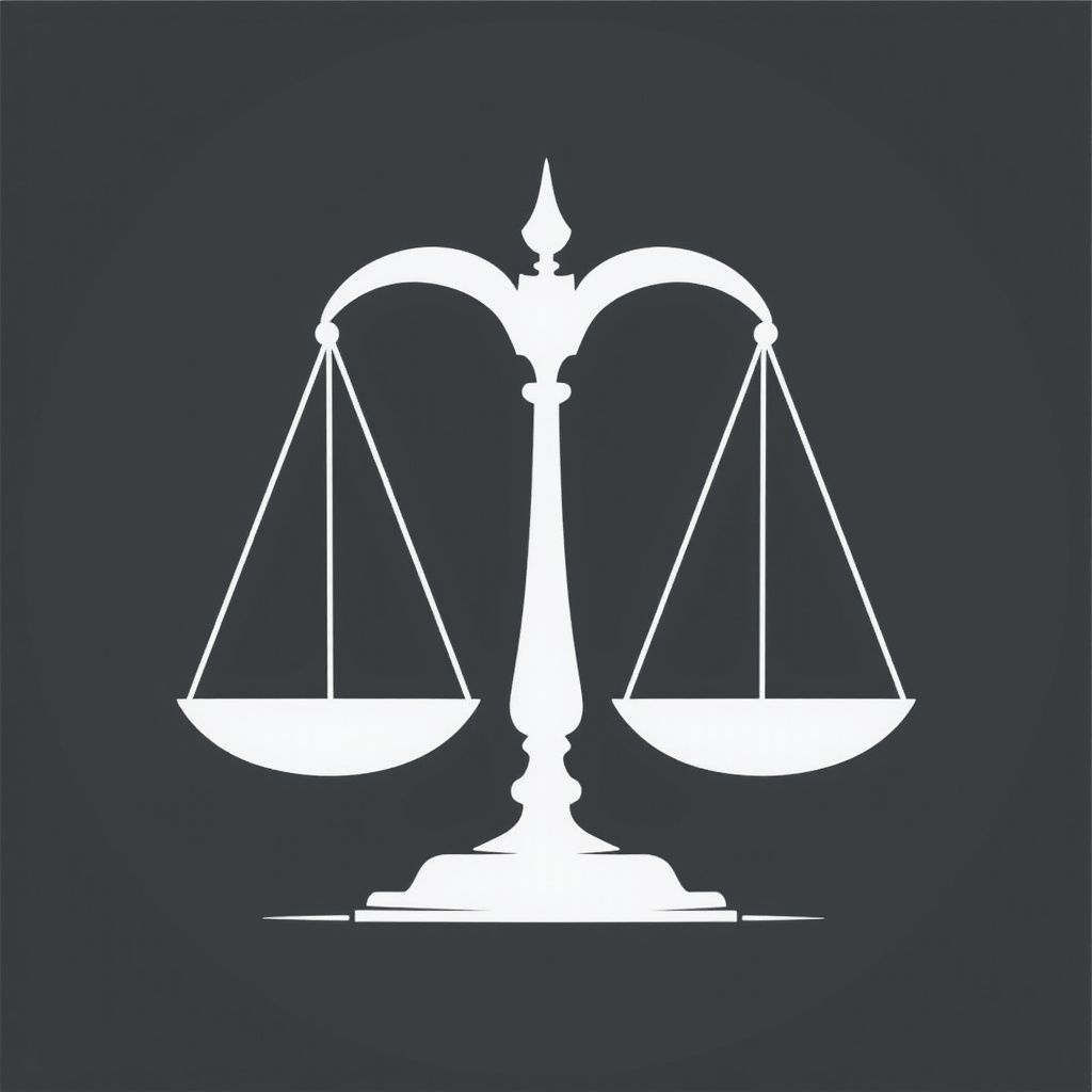 White scales of justice icon on a dark gray background.