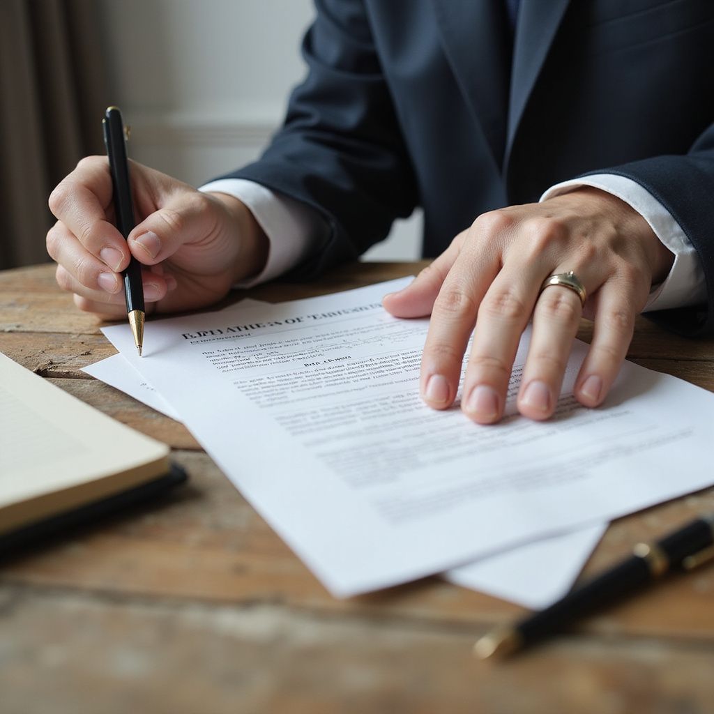 Person in a suit writing on a document at a wooden table. A pen and notebook are nearby.