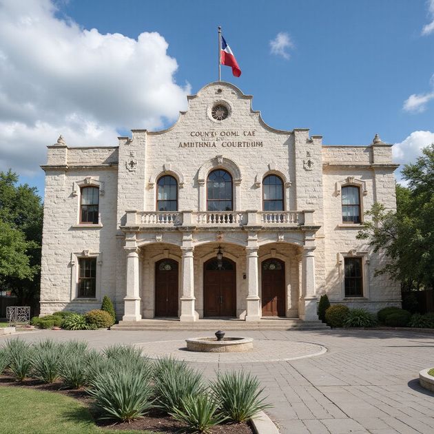 Stone building with a flag, labeled 