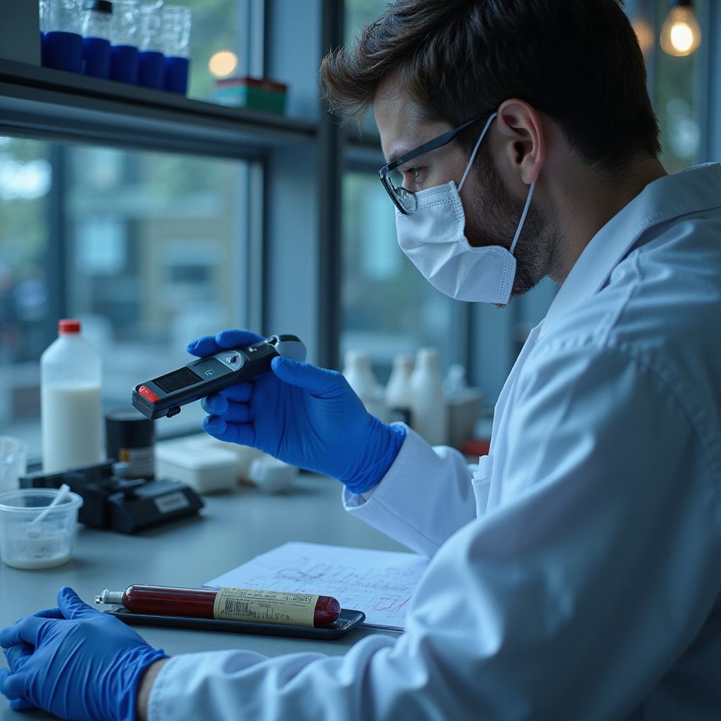 Scientist in a lab coat and mask examines a handheld device, with gloves, near a vial of liquid.