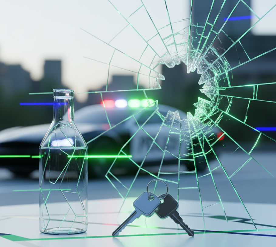 Bottle of alcohol, keys, broken glass, and police car.