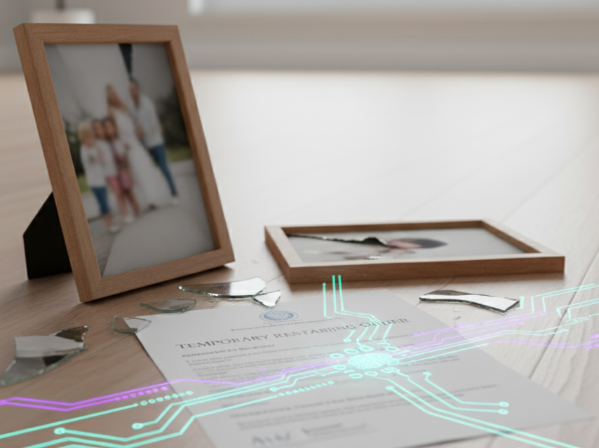 Broken picture frames and document with circuit board overlay on wooden floor. Family photo blurred.