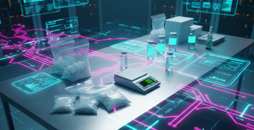 Laboratory table with bags, vials, and a scale, overlaid with glowing digital circuitry.