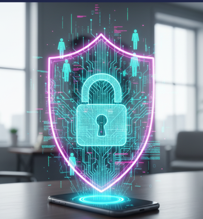 Digital padlock and shield graphic over a phone, representing cybersecurity.