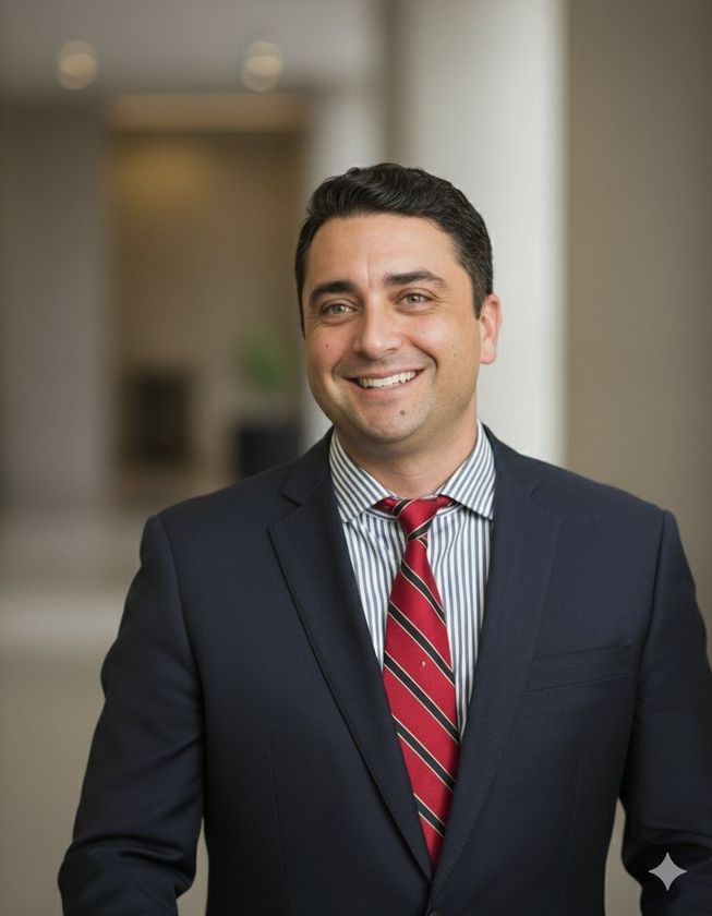 Man in navy suit, striped shirt, and red tie, smiling in a hallway with neutral background.