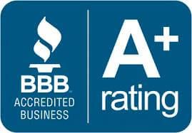 BBB Accredited Business logo with a blue background and an A+ rating.