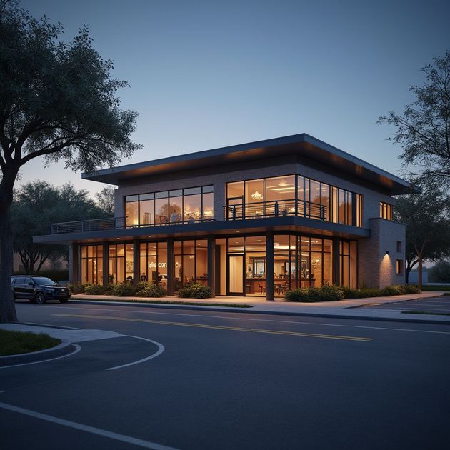 Modern two-story building with large windows and warm interior lighting at dusk; parked car in the foreground.